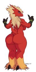 Rule 34 | 1girl, artist name, ass, back, blaziken, blonde hair, blue eyes, breasts, claws, closed mouth, creatures (company), dated, female focus, from behind, full body, furry, furry female, game freak, gen 3 pokemon, hands up, happy, highres, huge ass, kneepits, large breasts, long hair, looking at viewer, looking back, muscular, nintendo, nude, personification, pokemon, pokemon (creature), robotjoe, signature, simple background, smile, solo, standing, tail, thumbs up, toned, white background, wristband