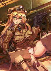 Rule 34 | 1girl, absurdres, animal ears, black gloves, blonde hair, blush, breasts, cannon, cross, female focus, gloves, goggles, goggles on headwear, green eyes, gun, handgun, hannelore kummel, hat, highres, iron cross, junkpuyo, large breasts, lips, long hair, military, military uniform, military vehicle, motor vehicle, no pants, panties, solo, strike witches, strike witches (lionheart witch), tank, trigger discipline, underwear, uniform, vehicle, weapon, white panties, world witches series