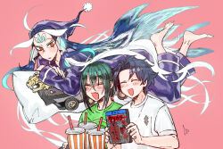 Rule 34 | 3boys, barefoot, black hair, blush, closed eyes, commentary request, cup, disposable cup, dvd case, fate/grand order, fate (series), floating, fujimaru ritsuka (male), full body, gedougawa, green hair, hair between eyes, hat, long bangs, long hair, looking at another, male focus, medium bangs, multiple boys, nightcap, open mouth, pajamas, pillow, pink background, pom pom (clothes), purple pajamas, red eyes, shi huang di (fate), shirt, short hair, short sleeves, simple background, smile, upper body, very long hair, white hair, white shirt, yan qing (fate)