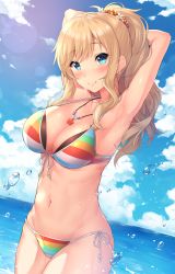 Rule 34 | 10s, armpits, arms behind head, bikini, blonde hair, blue eyes, blue sky, blush, breasts, cleavage, cloud, cloudy sky, commentary request, cowboy shot, day, earrings, front-tie bikini top, front-tie top, halterneck, highres, idolmaster, idolmaster cinderella girls, jewelry, large breasts, looking at viewer, navel, necklace, ohtsuki yui, outdoors, ponytail, side-tie bikini bottom, sky, smile, standing, stomach, string bikini, striped bikini, striped clothes, summer, swimsuit, water, wet, yomono