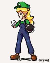 Rule 34 | 1girl, antonin (antn.mrt), artist name, blonde hair, blue eyes, blue overalls, bomb, brown footwear, buttons, clenched hands, cosplay, earrings, explosive, eyelashes, full body, fuse, gloves, green hat, green shirt, grey background, hands up, hat, highres, holding, holding bomb, jewelry, legs apart, lips, long hair, looking to the side, luigi, luigi (cosplay), mario (series), nintendo, open mouth, overalls, pink lips, princess peach, serious, shadow, shirt, shoes, simple background, sleeves past wrists, solo, standing, super mario bros. 1, v-shaped eyebrows, white gloves