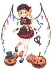 Rule 34 | 1girl, :o, alternate color, apron, black apron, black footwear, black hat, black shirt, blonde hair, bow, bowtie, commentary, crystal, fang, flandre scarlet, frilled skirt, frills, full body, hair between eyes, hat, hat bow, highres, jack-o&#039;-lantern, laevatein (touhou), long hair, looking at viewer, mary janes, mob cap, one side up, open mouth, otomo no sachi, pointy ears, puffy short sleeves, puffy sleeves, pumpkin, red bow, red eyes, red skirt, red vest, shirt, shoes, short sleeves, simple background, skin fang, skirt, socks, solo, top hat, touhou, vest, waist apron, white background, white socks, wings, wrist cuffs, yellow bow, yellow bowtie