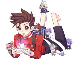 Rule 34 | 00s, 3girls, 4boys, alfa system, barefoot, blue eyes, brown eyes, brown hair, chibi, crossover, crystal, emil castagnier, folks (nabokof), goede, handheld game console, happy, heterochromia, kanonno grassvalley, kratos aurion, lloyd irving, long hair, mormo, multiple boys, multiple girls, open mouth, pink hair, playstation portable, purple eyes, purple hair, razalis, red eyes, red hair, short hair, side ponytail, silver hair, sophie (tales), suspenders, sword, tales of (series), tales of graces, tales of symphonia, tales of symphonia: dawn of the new world, tales of the world radiant mythology, tales of the world radiant mythology 3, twintails, weapon, wings