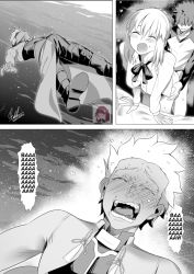 Rule 34 | 1girl, 2boys, archer (fate), artoria pendragon (all), artoria pendragon (fate), blush, breasts, bulge, cleavage, closed eyes, collarbone, comic, crying, derivative work, doggystyle, emiya shirou, erection, erection under clothes, fate/stay night, fate (series), greyscale, hair over eyes, hand on another&#039;s hip, izulizuru, kanojo okarishimasu, kazuya crying (meme), long sleeves, comic panel redraw, medium breasts, meme, monochrome, multiple boys, netorare, netorase, no bra, open clothes, open mouth, open shirt, pants, parody, saber (fate), scene reference, sex, sex from behind, shirt, speech bubble, standing, standing sex, thighs, underwater, virtual youtuber