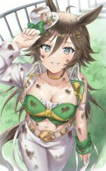 Rule 34 | 1girl, ahoge, animal ears, arm strap, blue eyes, breasts, brown hair, cleavage, commentary request, crop top, dirty, grass, green shirt, grin, hair between eyes, hair ornament, hairclip, hat, highres, horse ears, jacket, large breasts, long hair, long sleeves, looking at viewer, midriff, mini hat, mini top hat, mr. c.b. (umamusume), navel, open clothes, open jacket, oshage (osyage921), pants, shirt, single bare shoulder, single sleeve, smile, solo, standing, stomach, strapless, strapless shirt, tail, thighs, top hat, umamusume, very long hair, white hat, white jacket, white pants
