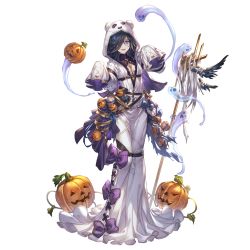 Rule 34 | alpha transparency, black hair, blue bow, bow, breasts, cleavage, dress, full body, ghost, ghost costume, granblue fantasy, hair between eyes, hair over one eye, jack-o&#039;-lantern, lich (granblue fantasy), lich (halloween) (granblue fantasy), long hair, long sleeves, minaba hideo, official art, open mouth, purple bow, purple eyes, sharp teeth, sleeves past fingers, sleeves past wrists, small breasts, smile, staff, teeth, transparent background, white dress