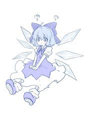 Rule 34 | 1girl, :t, puff of air, blush, bow, cirno, dress, full body, hair bow, highres, ice, ice wings, monochrome, pout, shoes, short hair, short sleeves, sitting, solo, tatutaniyuuto, touhou, v arms, wings