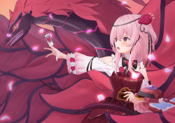 Rule 34 | 1girl, absurdres, between fingers, black bow, black rose dragon, blush, bow, card, commentary request, crossover, dress, flower, hair between eyes, hair flower, hair ornament, highres, holding, holding card, long sleeves, looking away, looking to the side, nijisanji, nijisanji en, one side up, open mouth, petals, pink hair, puffy long sleeves, puffy sleeves, red dress, red eyes, red flower, red rose, roido (taniko-t-1218), rose, rosemi lovelock, shirt, strapless, strapless dress, trait connection, v-shaped eyebrows, virtual youtuber, white flower, white rose, white shirt, yu-gi-oh!, yu-gi-oh! 5d&#039;s