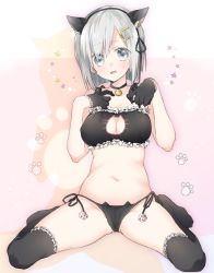 Rule 34 | 10s, 1girl, alternate costume, animal ears, bell, black gloves, black panties, black ribbon, black thighhighs, blush, breasts, cat cutout, cat ear panties, cat ears, cat lingerie, choker, cleavage, cleavage cutout, clothing cutout, fake animal ears, flying sweatdrops, frilled thighhighs, frills, full body, gloves, grey eyes, hair ornament, hairband, hairclip, hamakaze (kancolle), highres, jingle bell, kantai collection, looking at viewer, medium breasts, meme attire, navel, neck bell, no shoes, panties, paw print, ribbon, ribbon trim, short hair, side-tie panties, silver hair, sino (sionori), sitting, solo, spread legs, stomach, thighhighs, underwear, underwear only, wariza, wavy mouth