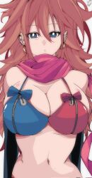 Rule 34 | 1girl, android, android 21, arc system works, bare shoulders, bikini, bikini top only, blue eyes, breasts, brown hair, cleavage, closed mouth, curvy, dragon ball, dragon ball fighterz, earrings, female focus, gold earrings, hair between eyes, highres, hoop earrings, jewelry, kinakomochi (user vedc2333), large breasts, long hair, looking at viewer, multicolored bikini top, multicolored clothes, navel, piercing, pink scarf, scarf, signature, solo, standing, stomach, swimsuit, very long hair, white background, zipper