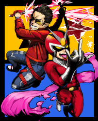 Rule 34 | 00s, 2boys, black hair, boots, crossover, denim, dual wielding, elbow gloves, energy sword, facial hair, full body, gloves, goatee, grasshopper manufacture, helmet, holding, jacket, jeans, lightsaber, male focus, multiple boys, no more heroes, pants, red hair, red jacket, scarf, sunglasses, superhero costume, sword, tochigai, tongue, travis touchdown, viewtiful joe, viewtiful joe (character), weapon, white gloves