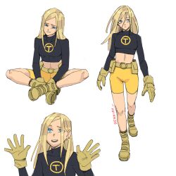 Rule 34 | 1girl, absurdres, artist name, belt, blonde hair, blue eyes, brown gloves, cropped shirt, dc comics, gloves, highres, jenxd d, long hair, midriff, shorts, simple background, solo, teen titans, terra (dc), utility belt, yellow shorts