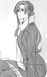 Rule 34 | 1girl, aconitea, bad id, bad twitter id, blush, character request, coat, coattails, from side, greyscale, light smile, long hair, looking at viewer, monochrome, scarf, sitting, sketch, solo