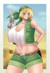 Rule 34 | 1girl, absurdres, azraelwebster, bandana, bare shoulders, belt, blonde hair, blue sky, blurry, blurry background, breasts, brown eyes, cleavage, cloud, collarbone, curvy, day, eyelashes, female focus, green shorts, green vest, grin, gun, hand on own hip, highres, holding, holding weapon, huge breasts, kasamoto eri, looking at viewer, metal slug, midriff, navel, outdoors, pocket, shiny skin, shirt, shirt pocket, short hair, short shorts, shorts, sky, smile, solo, standing, teeth, thick thighs, thighs, vest, weapon, white shirt, wide hips