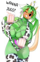 Rule 34 | 1girl, ;d, animal print, areola slip, blaster master zero, blaster master zero 2, blush stickers, breasts, coco, colored nipples, colored skin, cow print, cow print bikini, fingerless gloves, flower, food print, gloves, green nipples, green skin, highres, huge breasts, jug (bottle), kanna (blaster master zero), lactation, leaning forward, monster girl, one eye closed, open mouth, plant girl, print bikini, slingshot swimsuit, smile, swimsuit, thighhighs, tongue, tongue out, water, watermelon print