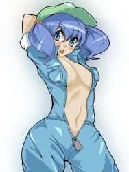 Rule 34 | 1girl, arms behind head, bad id, bad pixiv id, blue eyes, blue hair, blush, breasts, female focus, gomibuta kuzutarou, hair bobbles, hair ornament, hat, jumpsuit, kawashiro nitori, matching hair/eyes, medium breasts, midriff, naked overalls, navel, no bra, open mouth, overalls, pocket, sleeves rolled up, solo, touhou, twintails, two side up, unzipped