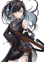 Rule 34 | 1girl, arknights, azuazu 0405, black hair, blacknight (arknights), blue hair, bow (weapon), braid, cowboy shot, crossbow, earpiece, gloves, highres, holding, holding crossbow, holding weapon, horns, infection monitor (arknights), long hair, long sleeves, material growth, multicolored hair, oripathy lesion (arknights), pointy ears, simple background, single bare shoulder, single sleeve, solo, streaked hair, tail, weapon, white background, yellow eyes