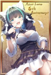 Rule 34 | 1girl, absurdres, animal ears, apron, aqua eyes, arm garter, azur lane, black hair, blue eyes, blush, breasts, cheshire (azur lane), cleavage, cowboy shot, detached sleeves, dress, fake animal ears, finger to mouth, frilled hairband, frilled ribbon, frills, garter straps, gluteal fold, hairband, highres, large breasts, long ribbon, looking at viewer, maid headdress, multicolored hair, nail polish, no panties, puffy detached sleeves, puffy sleeves, purple apron, ribbon, see-through, see-through cleavage, smile, solo, streaked hair, takemi mochi, two-tone hair, white garter straps, wrist cuffs