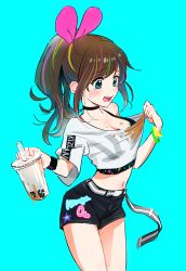 Rule 34 | 1girl, aqua eyes, bare shoulders, belt, black shorts, blue background, blush, bow, breasts, brown hair, bubble tea, bubble tea challenge, choker, cleavage, clothes pull, collarbone, cowboy shot, crop top, drink, hair bow, holding, holding drink, kizuna ai, kizuna ai (musician), kizuna ai inc., long hair, looking at object, medium breasts, multicolored hair, navel, open mouth, ponytail, shirt pull, shirt slip, short shorts, shorts, simple background, sketch, solo, spill, stained clothes, streaked hair, surprised, swept bangs, tearing up, virtual youtuber, yamamoto miyu (m y u )