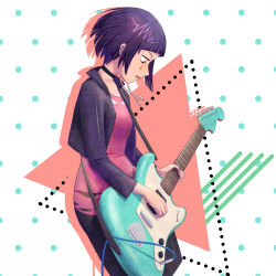 Rule 34 | 1girl, aqua background, asymmetrical bangs, audio jack, bad id, bad pixiv id, black jacket, black pants, blunt bangs, bmo art, bob cut, boku no hero academia, breasts, commentary, cropped jacket, diagonal stripes, drop shadow, electric guitar, facepaint, feet out of frame, from side, green background, guitar, holding, holding instrument, instrument, jacket, jirou kyouka, long earlobes, long sleeves, looking down, medium breasts, music, open clothes, open jacket, open mouth, pants, pink background, playing, playing instrument, polka dot, polka dot background, purple hair, red shirt, shirt, short hair, shoulder strap, solo, striped, torn clothes, torn shirt, triangle, white background