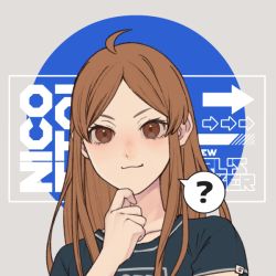 Rule 34 | 1girl, :3, ?, ahoge, borrowed character, brown eyes, brown hair, commentary, diathadevil, english commentary, fictional persona, hand on own chin, long hair, looking at viewer, original, portrait, shirt, solo, speech bubble, spoken question mark
