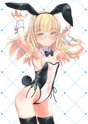 Rule 34 | 1girl, animal ears, aohashi ame, armpits, black bow, black bowtie, black thighhighs, blonde hair, blush, bow, bowtie, breasts, closed mouth, covered navel, fake animal ears, fake tail, glasses, heart, highres, leotard, long hair, looking at viewer, perrine h. clostermann, rabbit ears, rabbit tail, simple background, small breasts, smile, solo, strike witches, tail, thighhighs, world witches series, yellow eyes