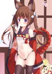 Rule 34 | &gt; &lt;, 1girl, absurdres, amagi-chan (azur lane), animal ear fluff, animal ears, azur lane, bell, black panties, black thighhighs, blunt bangs, blurry, blush, brown hair, cherry blossoms, commentary request, dango, depth of field, detached sleeves, fengshen chino, food, fox ears, groin, hair ribbon, highres, holding, kitsune, kyuubi, long hair, looking at viewer, manjuu (azur lane), midriff, multiple tails, navel, panties, parted lips, purple eyes, ribbon, rope, see-through, shimenawa, shouji, sidelocks, sliding doors, solo, tail, thighhighs, twintails, underwear, wagashi, wide sleeves