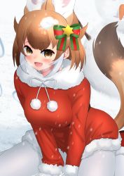 Rule 34 | 1girl, :d, absurdres, alternate costume, animal ear fluff, animal ears, between legs, blush, breath, brown eyes, brown hair, coat, deku suke, dhole (kemono friends), dog ears, dog girl, dog tail, extra ears, fur-trimmed coat, fur-trimmed sleeves, fur collar, fur trim, gloves, hand between legs, highres, kemono friends, long sleeves, looking at viewer, open mouth, pantyhose, pom pom (clothes), red coat, santa costume, short hair, sitting, smile, snow, snowing, solo, tail, white gloves, white pantyhose