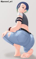 Rule 34 | 1girl, absurdres, armband, artist name, ass, ass focus, barefoot, belt, blue hair, blue nails, brown hair, creatures (company), crop top, crossed arms, denim, feet, female focus, from behind, game freak, green hair, grey shirt, hair between eyes, hand on own knee, highres, jeans, lips, looking at viewer, looking back, multicolored hair, nail polish, nintendo, pants, paravet, parted lips, perrin (pokemon), pokemon, pokemon sv, shirt, short hair, short sleeves, soles, solo, squatting, streaked hair, teeth, thighs, tiptoes, toenail polish, toenails, toes, twitter username, upper teeth only, watch, wide hips, wristwatch