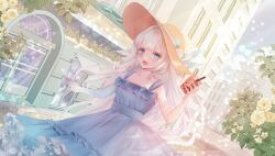 Rule 34 | bare arms, blue dress, breasts, bubble tea, byuura (sonofelice), collarbone, commission, dress, flower, hat, heterochromia, indie virtual youtuber, lens flare, looking at viewer, mikazuki silvi, open mouth, ribbon, skeb commission, small breasts, sparkle, sun hat, sundress, white hair