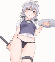 Rule 34 | 1girl, ahoge, black panties, blue vest, bow, braid, commentary, frown, gluteal fold, green bow, grey eyes, grey hair, groin, hair between eyes, hair bow, highres, holding, holding knife, holding tray, izayoi sakuya, knife, looking at viewer, maid headdress, medium hair, miyo (ranthath), no pants, panties, puffy short sleeves, puffy sleeves, shirt, short sleeves, simple background, solo, string panties, thigh strap, touhou, tray, twin braids, underwear, vest, white background, white shirt, wrist cuffs
