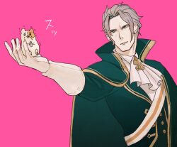 Rule 34 | 1boy, ace attorney, barok van zieks, black cape, black jacket, blue eyes, cape, closed mouth, gloves, grey hair, hamster, holding, jacket, long sleeves, male focus, outstretched arm, pink background, scar, scar on face, short hair, simple background, solo, tamami, tears, the great ace attorney, trembling, upper body, white gloves