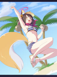 Rule 34 | 1girl, animal ear fluff, animal ears, arm up, bad id, bad pixiv id, beach, bikini, bikini top only, blue archive, breasts, brown hair, cloud, coconut, coconut tree, day, denim, denim shorts, fang, flower, fox ears, fox girl, fox tail, hair flower, hair ornament, hat, highres, izuna (blue archive), izuna (swimsuit) (blue archive), letterboxed, marudeningen, medium breasts, open mouth, orange eyes, outdoors, palm tree, red scarf, sandals, scarf, short shorts, shorts, sky, solo, striped bikini, striped clothes, swimsuit, tail, tree, visor cap