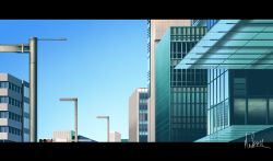 Rule 34 | absurdres, blue sky, building, city, cityscape, commentary request, hakuurei amano, highres, lamppost, letterboxed, no humans, original, outdoors, scenery, sky, traffic light, watermark