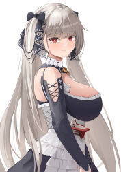 Rule 34 | 1girl, absurdres, azur lane, black dress, bow, breasts, closed mouth, corset, dress, formidable (azur lane), frills, from side, grey hair, hair bow, highres, large breasts, long hair, looking at viewer, red eyes, remapack77, simple background, solo, twintails, very long hair, white background