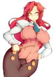 Rule 34 | 00s, 1girl, aged up, alternate hairstyle, bad id, bad pixiv id, breasts, curvy, dress, glasses, hair down, hip focus, impossible clothes, large breasts, long hair, necktie, red hair, solo, tengen toppa gurren lagann, wide hips, yellow eyes, yoko littner, yomako, zako (arvinry)