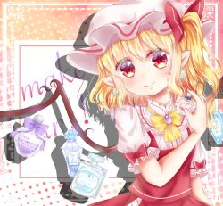 Rule 34 | 1girl, argyle, argyle background, argyle clothes, blonde hair, bottle, bow, bowtie, cosmetics, dot nose, earrings, english text, flandre scarlet, hair between eyes, hat, highres, jar, jewelry, juliet sleeves, long sleeves, looking at viewer, makeup, mimi89819132, mob cap, multicolored background, nail polish, perfume (cosmetics), perfume bottle, pointy ears, polka dot, polka dot background, puffy short sleeves, puffy sleeves, red eyes, red nails, short hair, short sleeves, side ponytail, sleeve ribbon, smile, touhou, wings, yellow neckwear