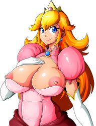 Rule 34 | 1girl, areola slip, blonde hair, blue eyes, breasts, breasts out, cleavage, crown, curvy, dress, elbow gloves, female focus, gloves, hand on own chest, huge breasts, large breasts, long hair, looking at viewer, mario (series), nintendo, nipple slip, nipples, princess peach, shadow, smile, solo, super mario bros. 1, super smash bros., transparent background, upper body, white gloves, wide hips, witchking00