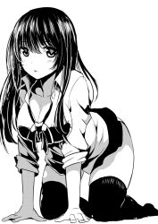 Rule 34 | 1girl, all fours, attsun (atsushi jb), bad id, bad pixiv id, black hair, breasts, cleavage, greyscale, large breasts, long hair, monochrome, original, simple background, sleeves rolled up, solo, thighhighs