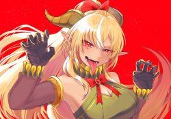 Rule 34 | 1girl, bare shoulders, blonde hair, bow, breasts, claw pose, cleavage, commentary request, dark-skinned female, dark skin, dragon horns, dress, elbow gloves, elf, facial mark, fangs, fingernails, gloves, green dress, hair bow, halter dress, halterneck, high ponytail, highres, hololive, horns, long hair, long tongue, multicolored hair, neck ruff, omu omelette, pointy ears, red background, red eyes, salamander (vocaloid), see-through, see-through sleeves, sharp fingernails, shiranui flare, sleeveless, sleeveless dress, solo, streaked hair, tongue, virtual youtuber, vocaloid
