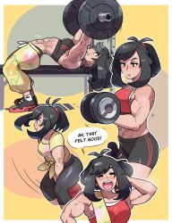 Rule 34 | 1girl, abs, absurdres, aged up, barbell, black hair, creatures (company), dumbbell, english text, exercising, game freak, gym, hairband, highres, juno son, kettlebell, long bangs, long hair, muscular, muscular female, nintendo, pokemon, pokemon sm, selene (pokemon), shoes, shorts, sneakers, solo, sweat, tank top, toned, weightlifting