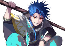 Rule 34 | 1boy, asymmetrical clothes, blue hair, bracelet, capelet, closed mouth, cu chulainn (fate), earrings, eilinna, fang, fate/grand order, fate/grand order arcade, fate (series), grin, holding, holding staff, hood, hood down, hooded capelet, jewelry, long hair, long sleeves, looking at viewer, male focus, red eyes, setanta (fate), simple background, slit pupils, smile, solo, spiked hair, staff, white background