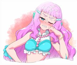 Rule 34 | angry, blush, bracelet, breasts, closed eye, collar, cum, facial, green eyes, hair ornament, jewelry, laura (precure), long hair, pink hair, precure, stomach, thick eyebrows, tropical-rouge! precure, yoban