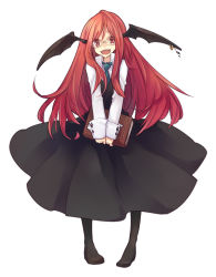 Rule 34 | 1girl, :d, bat wings, bespectacled, book, cuffs, earrings, embodiment of scarlet devil, female focus, glasses, happy, head wings, jewelry, koakuma, long hair, long sleeves, looking at viewer, nakatani, necktie, open mouth, pantyhose, red eyes, red hair, simple background, sleeve cuffs, smile, solo, touhou, white background, wings