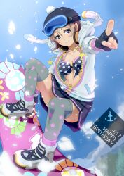 Rule 34 | 1girl, ajapar, beanie, bikini, bikini top only, birthday, blue eyes, blue sky, blush, breasts, cleavage, collarbone, commentary, dated, fingerless gloves, gloves, goggles, goggles on head, grey hair, happy birthday, hat, highres, jacket, light smile, looking at viewer, love live!, love live! school idol festival, love live! sunshine!!, medium breasts, open clothes, open jacket, pointing, pointing at viewer, polka dot, polka dot bikini, short hair, sky, snow, snowboard, snowboarding, solo, swimsuit, thighhighs, unzipped, watanabe you