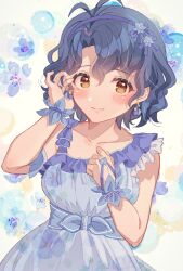 Rule 34 | 1girl, adjusting hair, antenna hair, blue dress, blue hair, blush, commentary, dress, earrings, floral background, floral print, frilled dress, frills, hairband, highres, idolmaster, idolmaster million live!, jewelry, lips, looking at viewer, shimada (smd dms), short hair, smile, solo, toyokawa fuka, upper body, wavy hair, wrist cuffs, yellow eyes