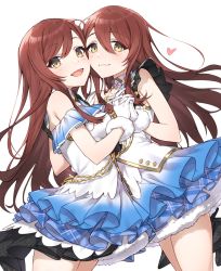 Rule 34 | 2girls, :d, bare shoulders, blue skirt, blush, breasts, brown eyes, brown hair, cheek-to-cheek, closed mouth, commentary request, dress, fur-trimmed gloves, fur trim, gloves, hair between eyes, hayashi kewi, heads together, heart, highres, holding hands, idolmaster, idolmaster shiny colors, interlocked fingers, long hair, looking at viewer, medium breasts, multiple girls, off-shoulder dress, off shoulder, open mouth, osaki amana, osaki tenka, siblings, simple background, sisters, skirt, smile, thighs, twins, very long hair, white background, white dress, white gloves, yellow eyes