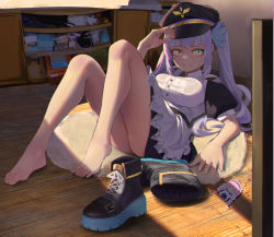 Rule 34 | 1girl, barefoot, boots, unworn boots, feet, hat, highres, indie virtual youtuber, kagura mea, long hair, looking at viewer, maid, military hat, shoes, unworn shoes, smile, sunlight, toes, twintails