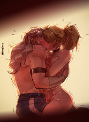 Rule 34 | 2girls, :o, bangdacy, blonde hair, blush, breasts, closed eyes, clothed female nude female, clothed sex, dorohedoro, female focus, grabbing, grey hair, hand on another&#039;s head, heart, highres, huge breasts, kiss, long hair, multiple girls, muscular, muscular female, nikaidou (dorohedoro), noi (dorohedoro), nude, open mouth, ponytail, sex, trembling, yuri