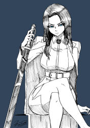Rule 34 | 1girl, blue background, blue eyes, blue theme, dated, highres, invincible dragon (last origin), jacket, last origin, crossed legs, long hair, looking at viewer, monochrome, pencil skirt, scabbard, sheath, side slit, signature, skirt, solo, sword, tryvor, uniform, weapon